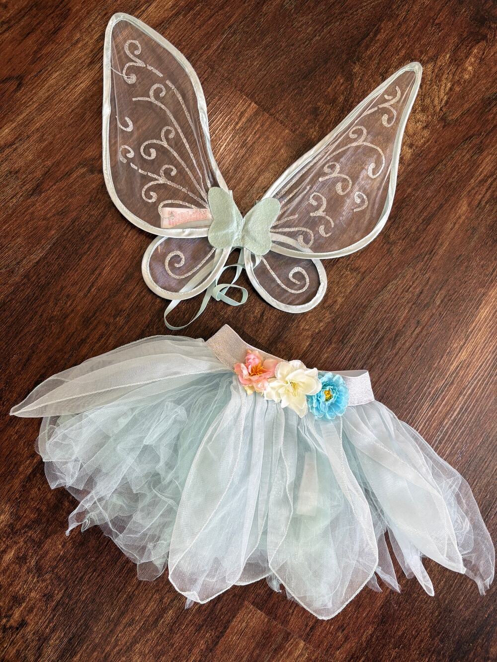 Fairy Dust Girls Blue Silver Tulle Tutu Skirt & Butterfly Wings Costume Size 4-7